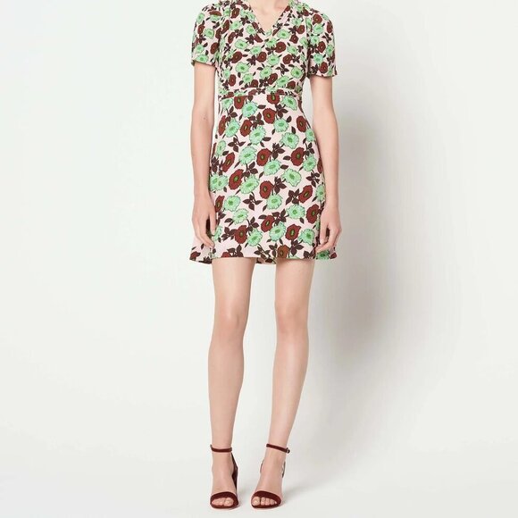 NWT Sandro Antropique Petale Floral Dress, Pink/Green/Brown, 100% Silk, Size 4/6 - Picture 2 of 11